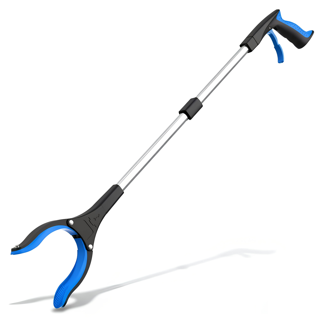 Everyday reacher tool with blue and black handle on white background