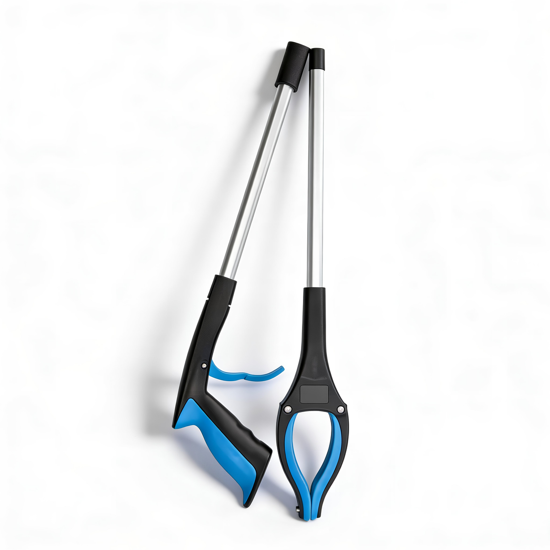 Folded everyday reacher tools standing upright showing compact storage size