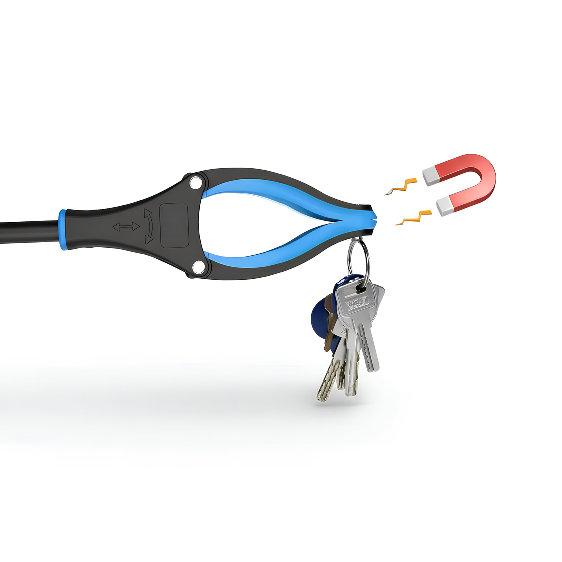 Everyday reacher tool picking up keys with magnetic tip detail
