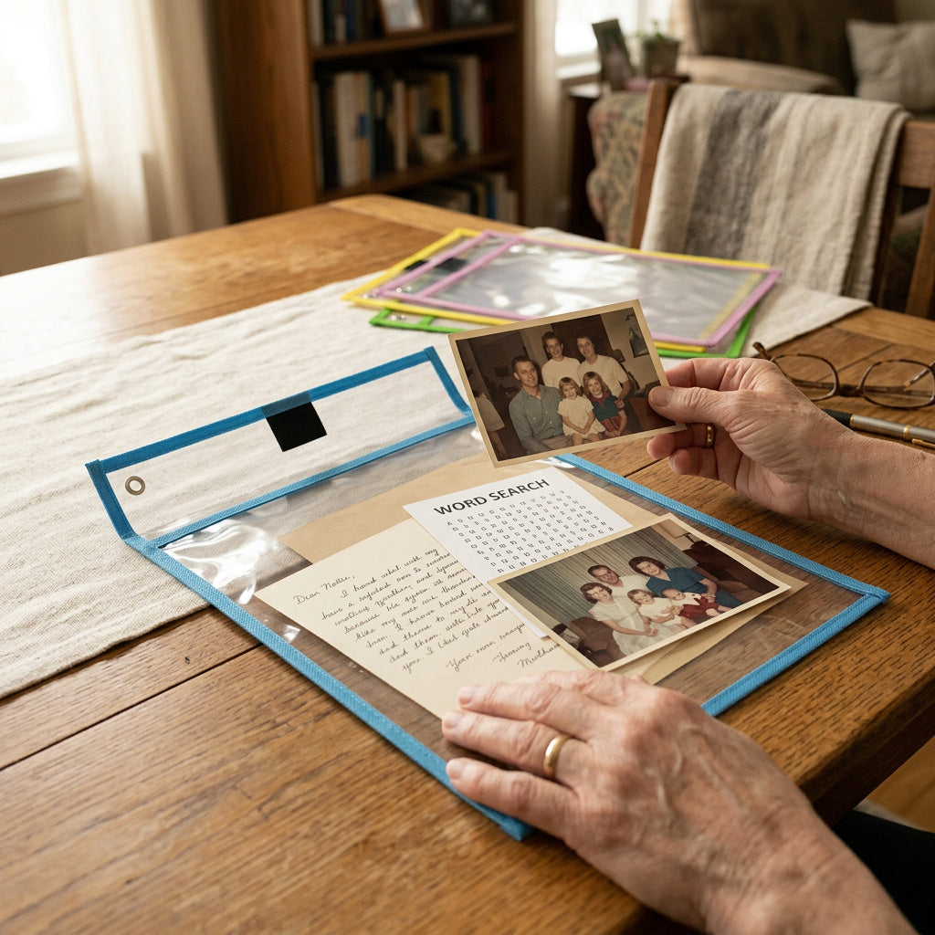 Waterproof Clear Dry Pockets sleeve with photos and documents being organised on a table