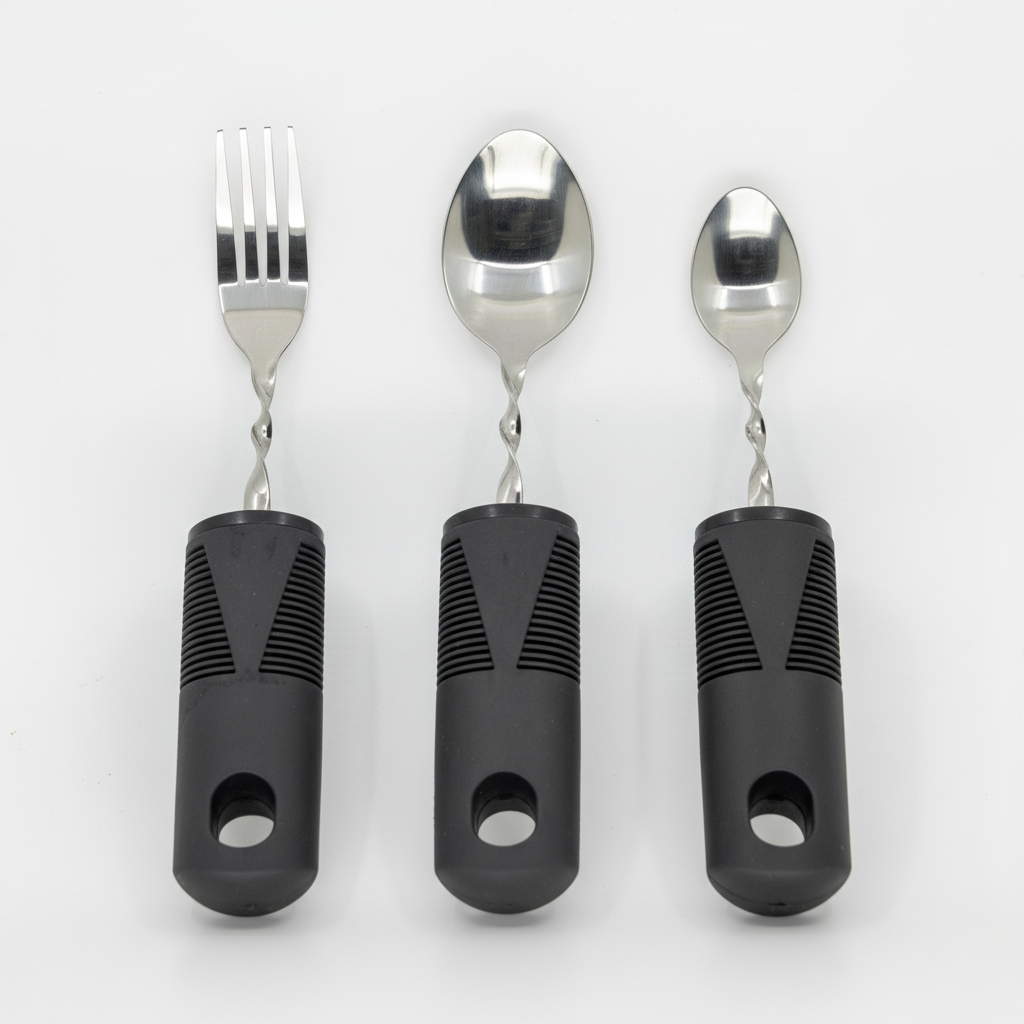Adaptive cutlery set featuring a fork, large spoon and small spoon with non-slip ergonomic handles