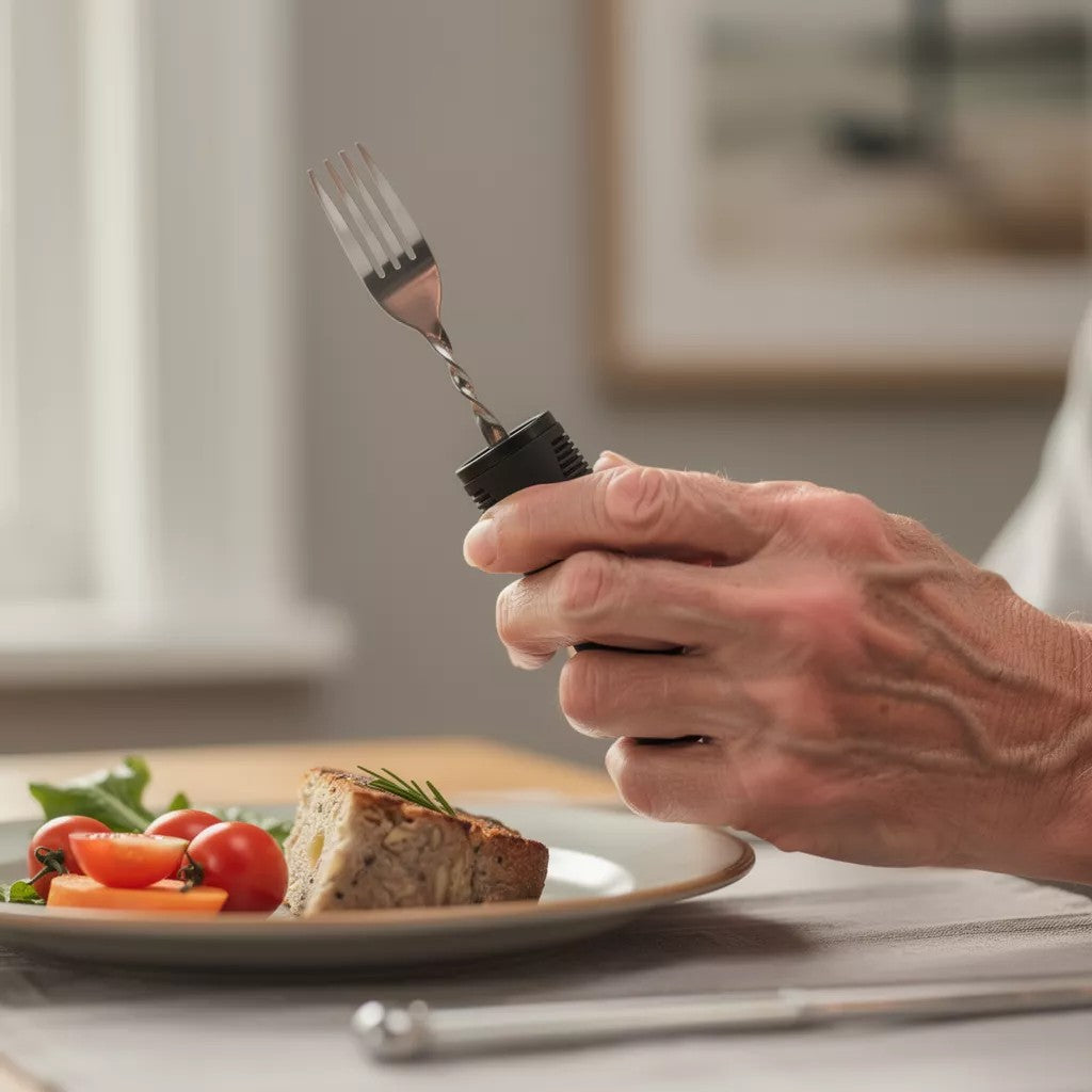 Person using an adaptive fork with an easy-grip handle while eating at a table