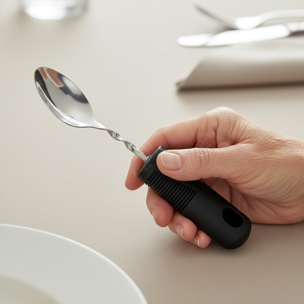 Hand holding an adaptive spoon with a non-slip ergonomic handle for easier eating