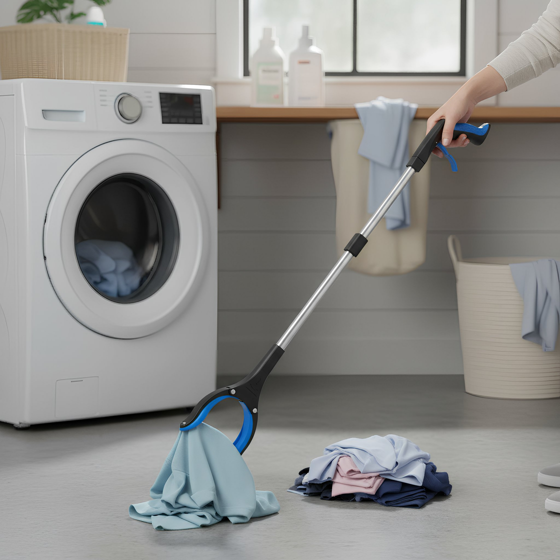 Everyday reacher tool lifting clothing from the floor in a laundry room