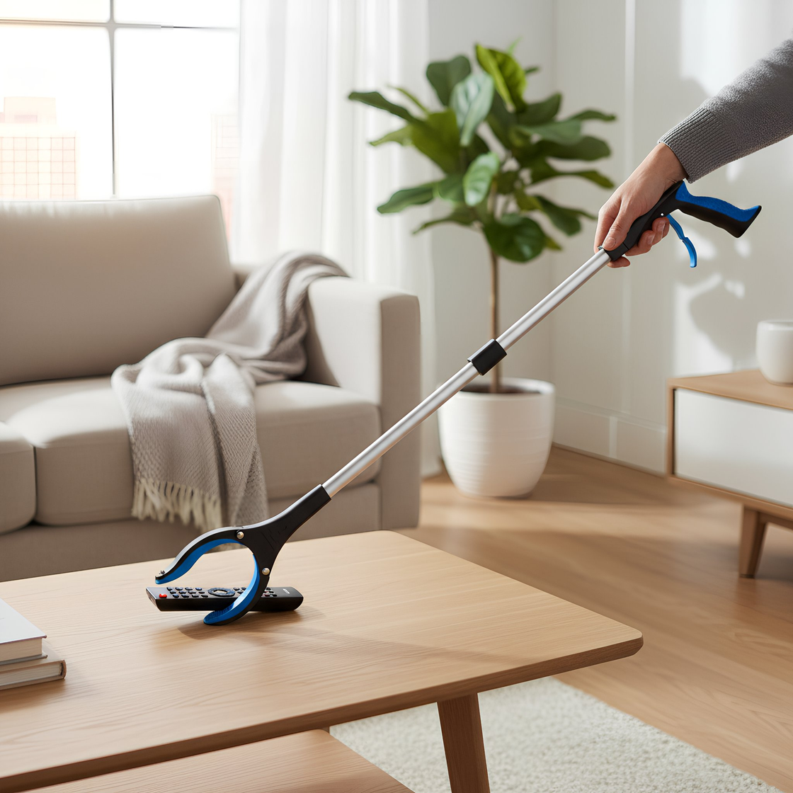 Everyday reacher tool picking up a remote control from a coffee table in a living room
