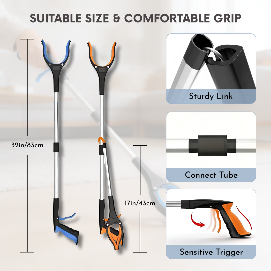 Everyday reacher tool showing extended and folded sizes with feature details including grip, trigger, and connect tube