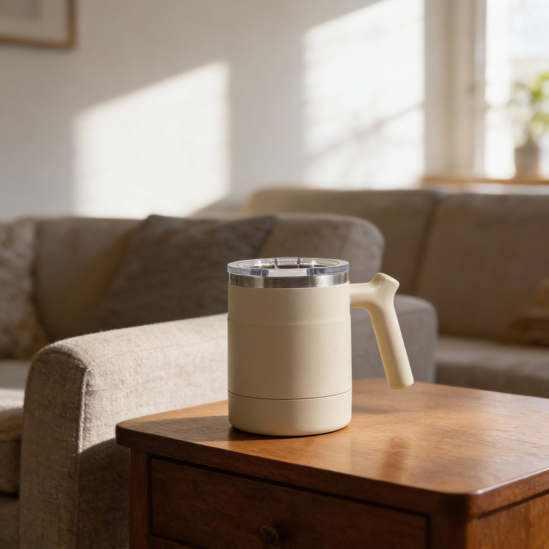 Insulated easy-grip cup resting on a wooden side table in a living room