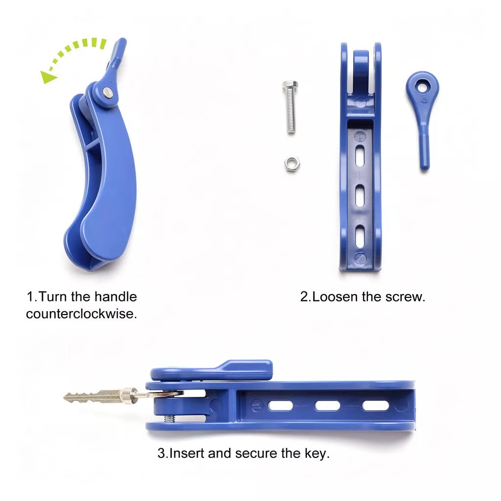 Key turner tool showing how to loosen the screw and insert a standard house key