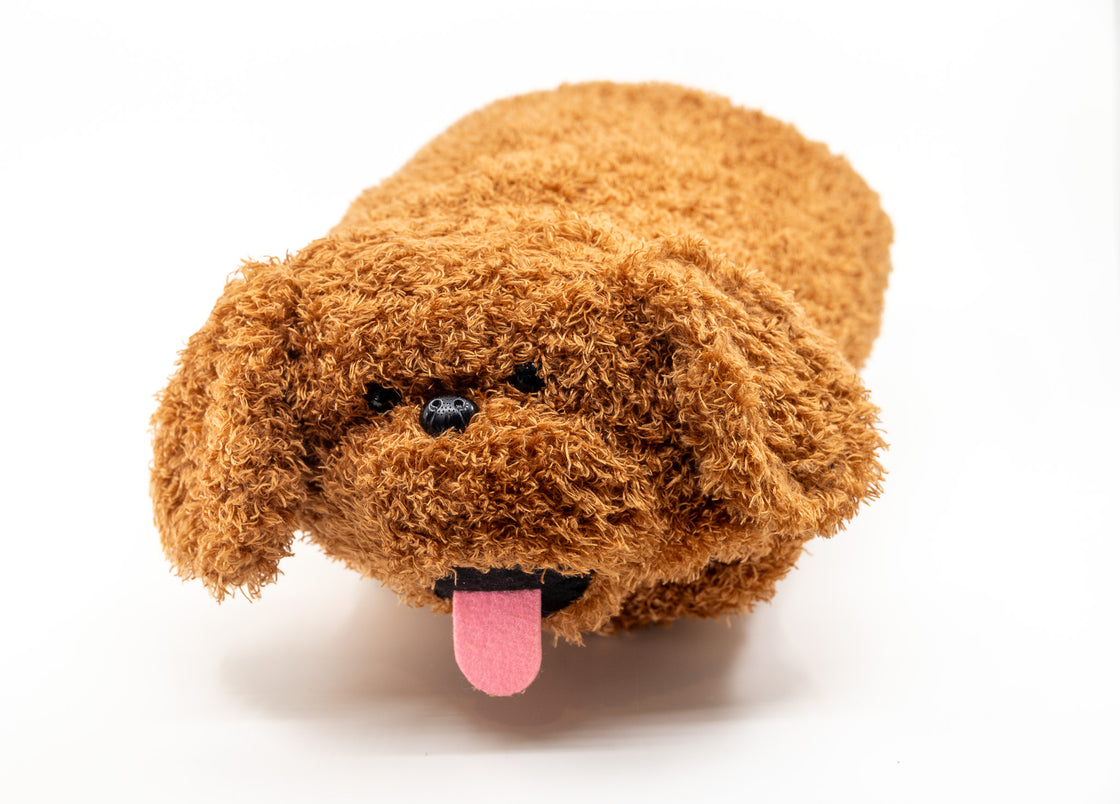 Front view of soft sensory dog toy with friendly face and fabric tongue