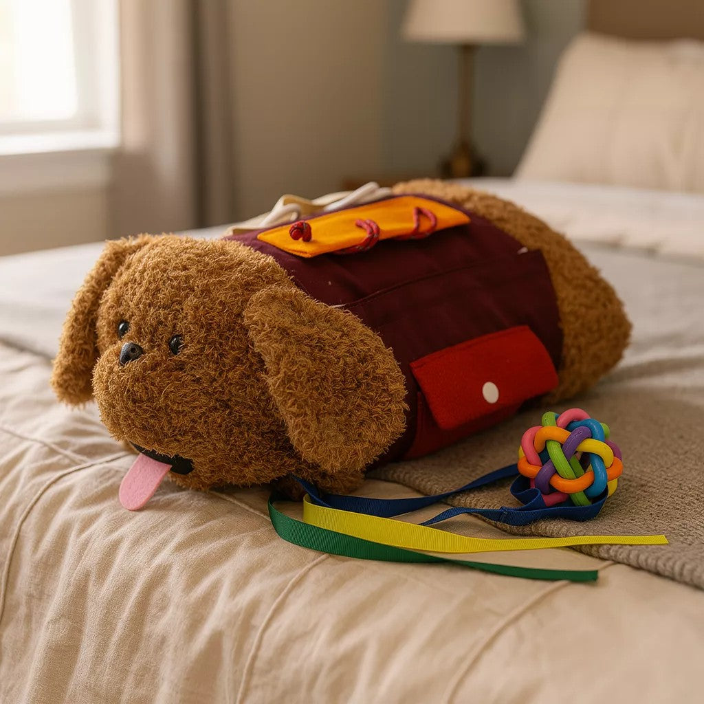 Sensory comfort dog resting on bed with textured fabric and calming sensory details