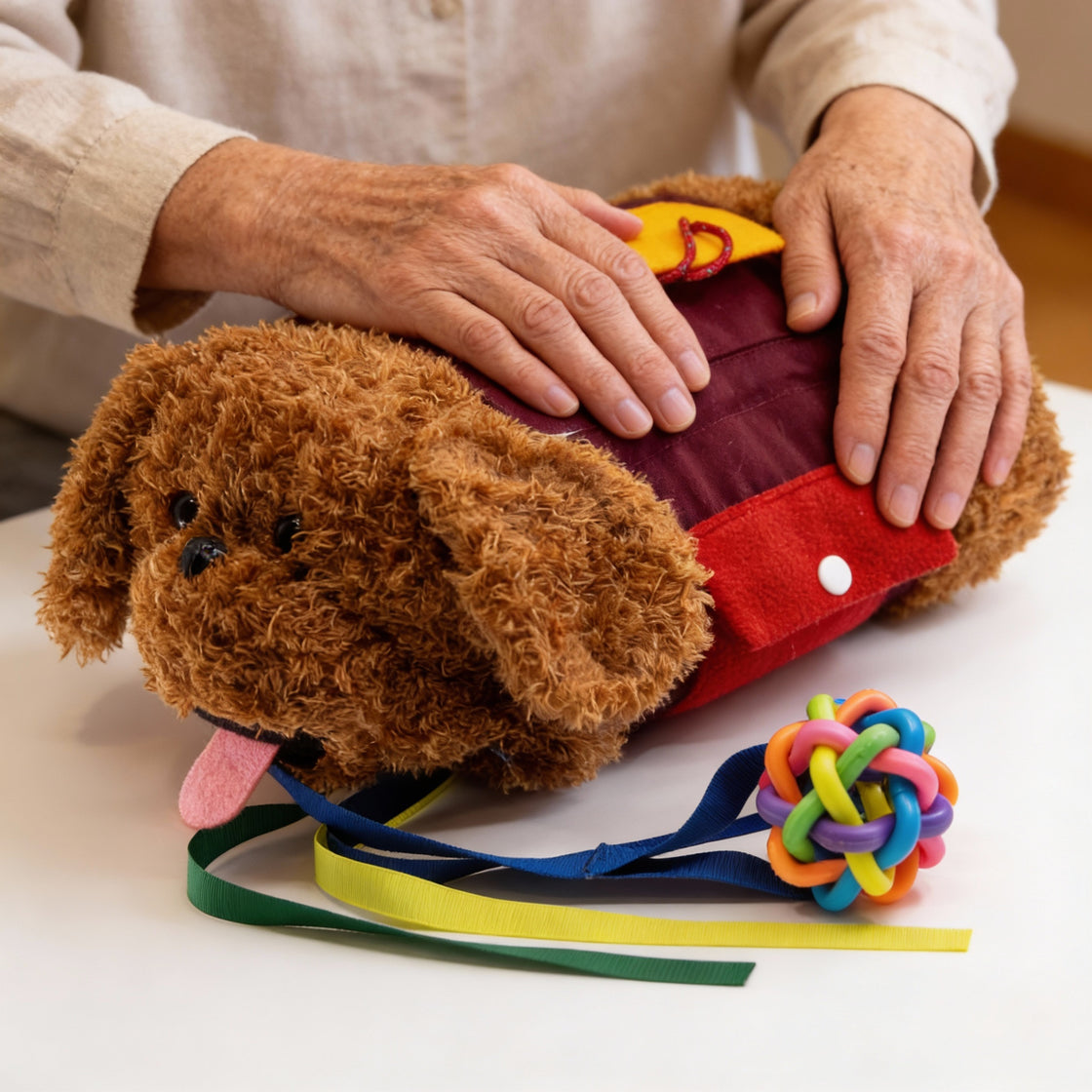 Hands gently resting on weighted sensory dog for calming and emotional support