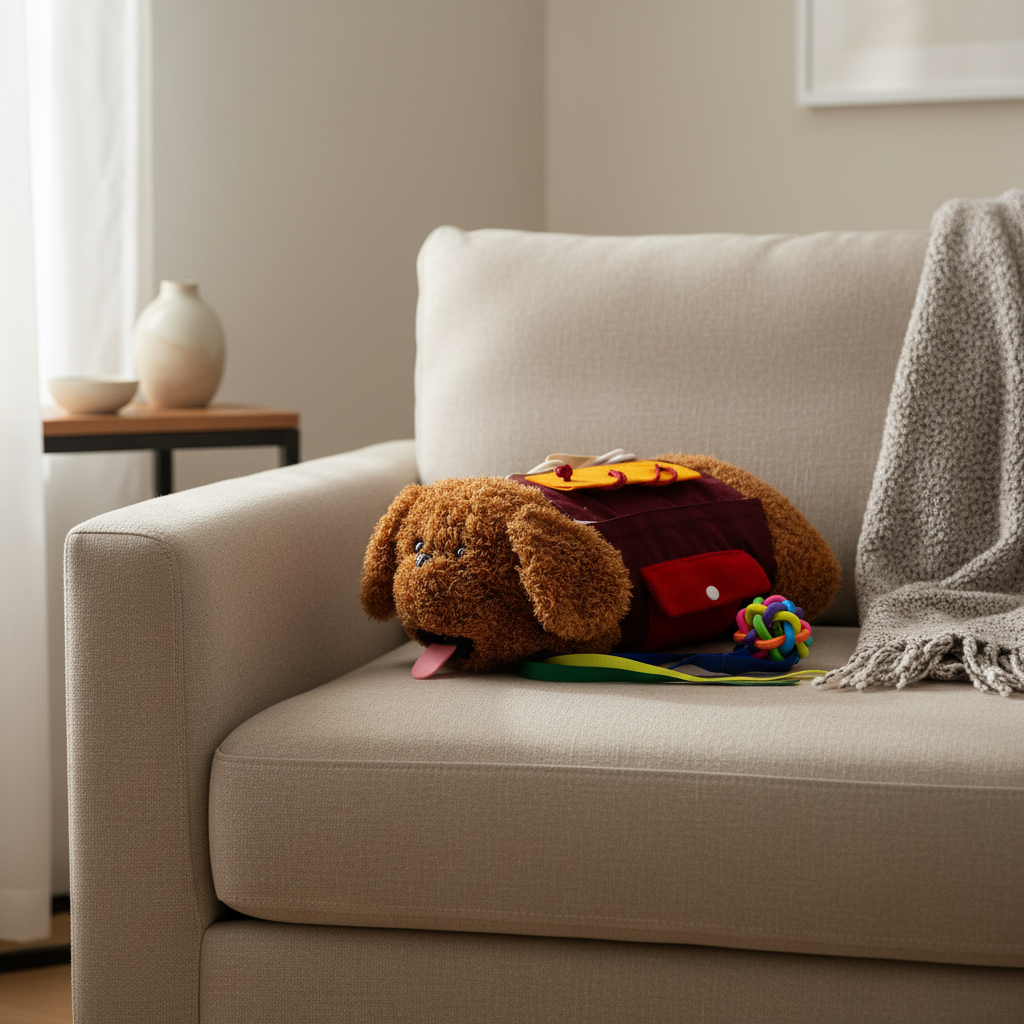 Weighted sensory dog placed on sofa in calm living room environment