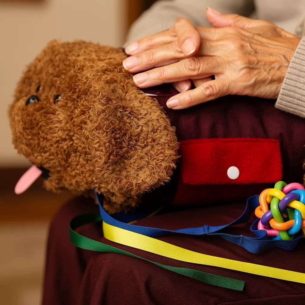 Close-up of sensory dog showing tactile ribbons and textured sensory elements