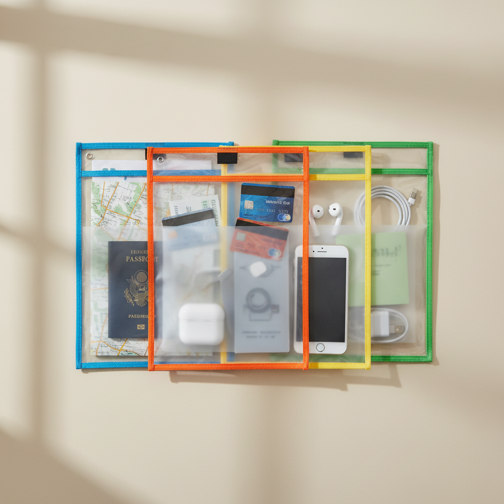Assorted coloured waterproof dry pockets for travel and organisation