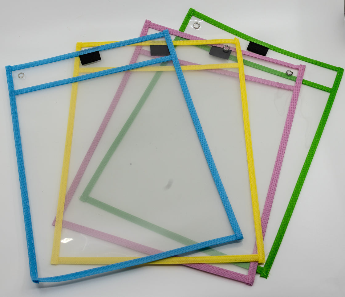 Clear waterproof dry pockets laid flat in multiple colours